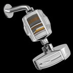 Contemporary solid shower head in silver with Catalyst wall-mounted shower head