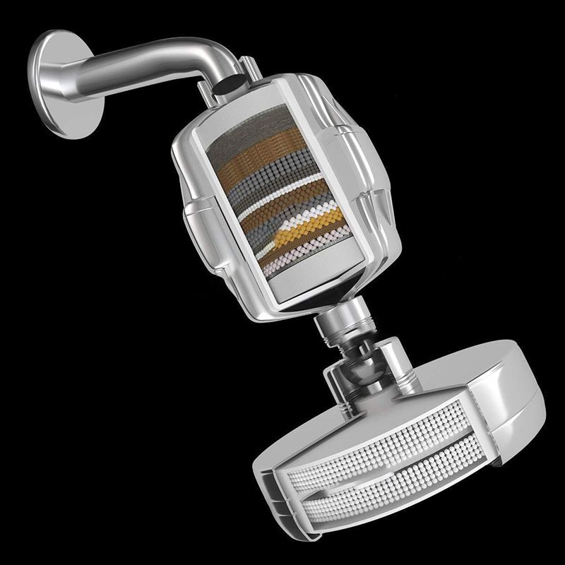 Contemporary solid shower head in silver with Catalyst wall-mounted shower head