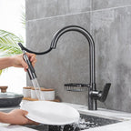 Goose Neck Kitchen Sink Faucet Three-Way Flow with Pull-Down Spray Head