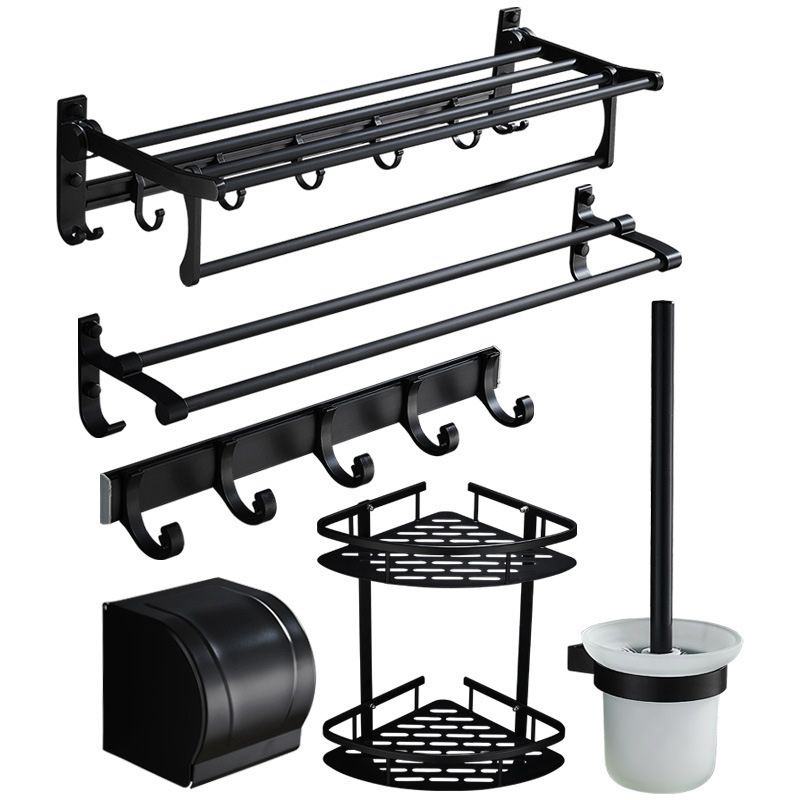 6-piece modern bathroom hardware set in matte black with bathroom shelf/towel holder & bathrobe hooks