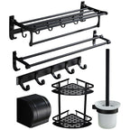 6-piece modern bathroom hardware set in matte black with bathroom shelf/towel holder & bathrobe hooks