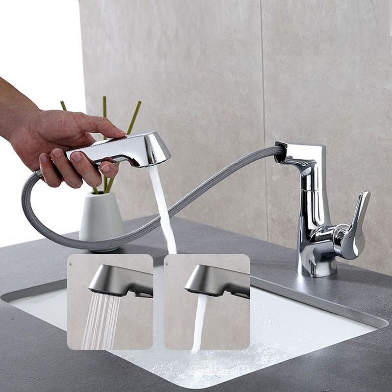 Modern Vessel Sink Faucet Copper Single Handle Pull Down Low Arc Vessel Faucet