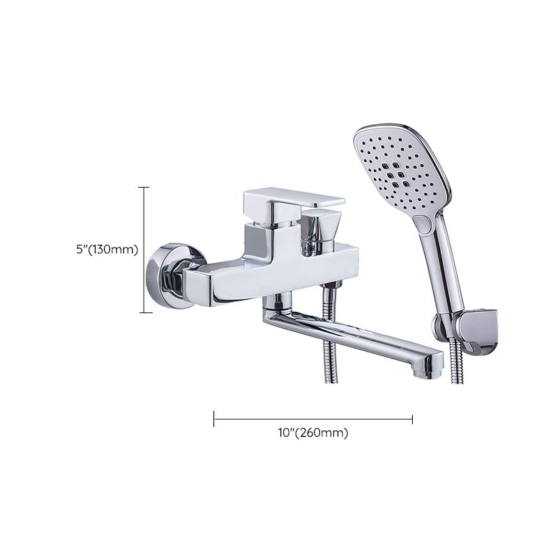 Chrome polished bathroom faucet wall-mounted with swivel spout and hand shower