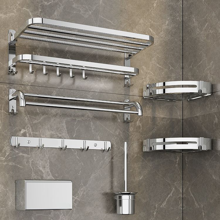 Contemporary bathroom accessory set made of chrome-plated stainless steel with bathrobe hooks/towel rail