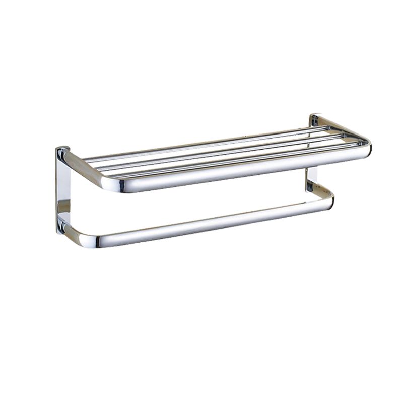Contemporary silver bathroom set with bathroom shelf and towel rail