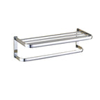 Contemporary silver bathroom set with bathroom shelf and towel rail