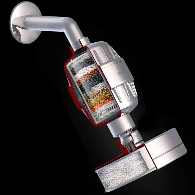 Contemporary solid shower head in silver with Catalyst wall-mounted shower head