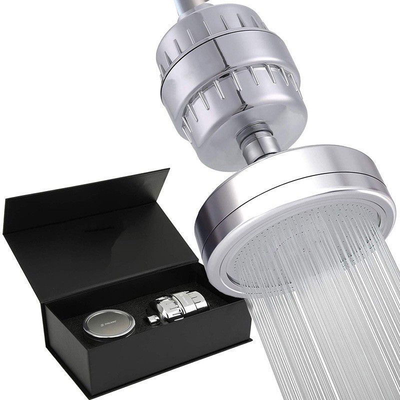 Contemporary solid shower head in silver with Catalyst wall-mounted shower head