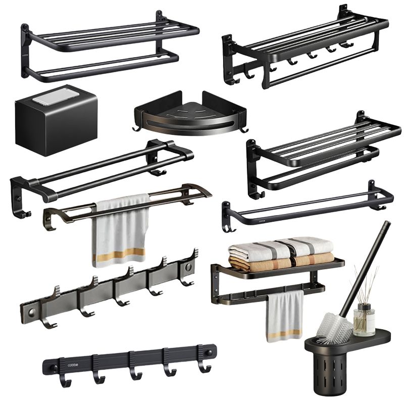 Contemporary bathroom accessory set with black finish and bath shelf/towel bar