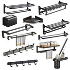 Contemporary bathroom accessory set with black finish and bath shelf/towel bar