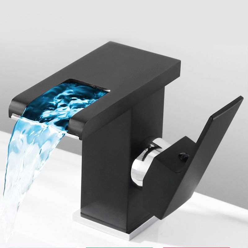 Contemporary Square Vessel Faucet Waterfall Spout with LED Three-Color Illumination