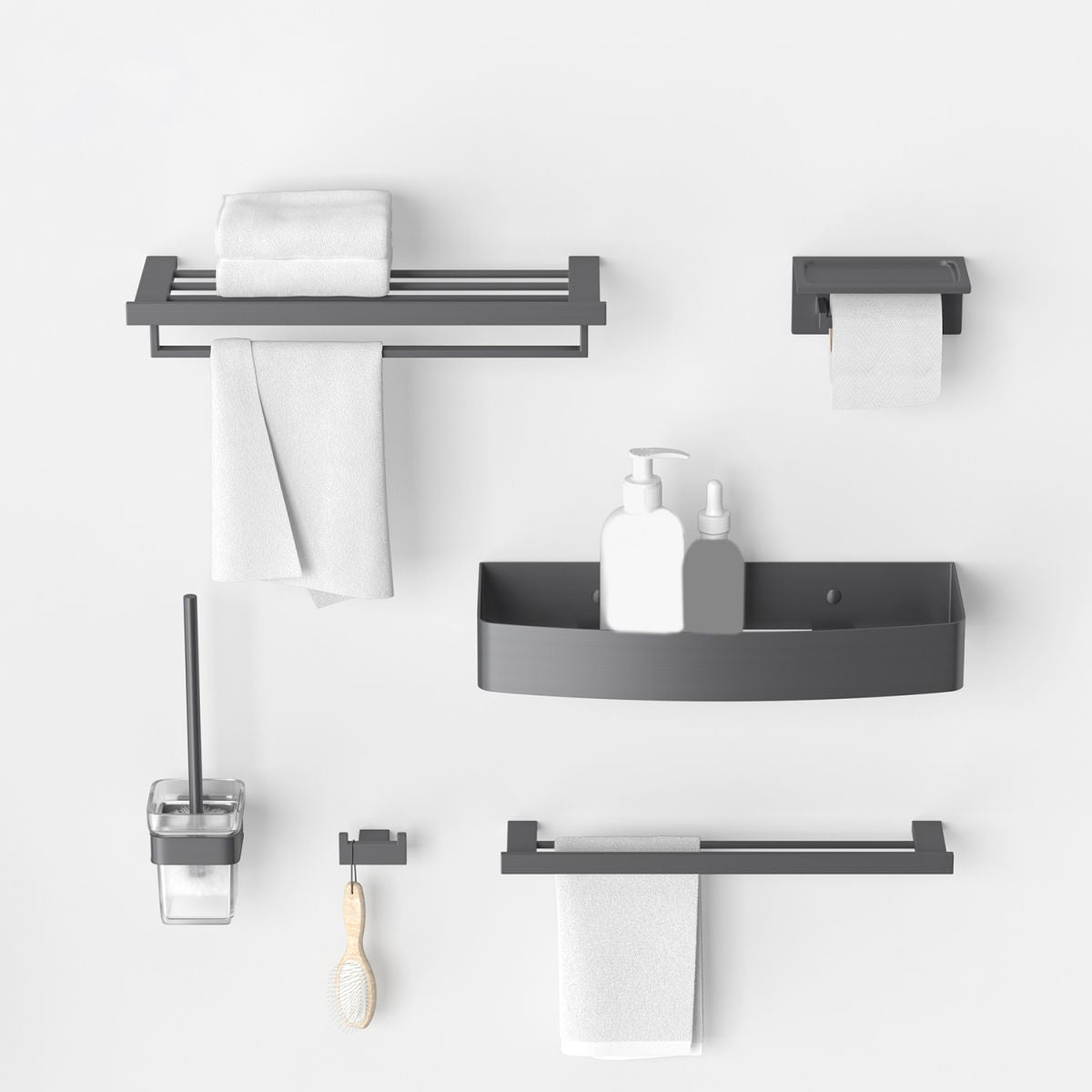 Gray contemporary bathroom accessory set Brushed gray bath shelf/toilet paper holder/towel bar