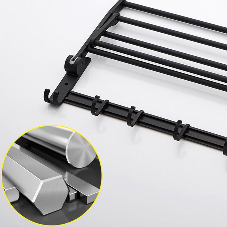 6-piece modern bathroom hardware set in matte black with bathroom shelf/towel holder & bathrobe hooks