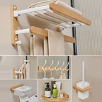 Modern natural bathroom accessories as a single piece or in a set made of solid wood
