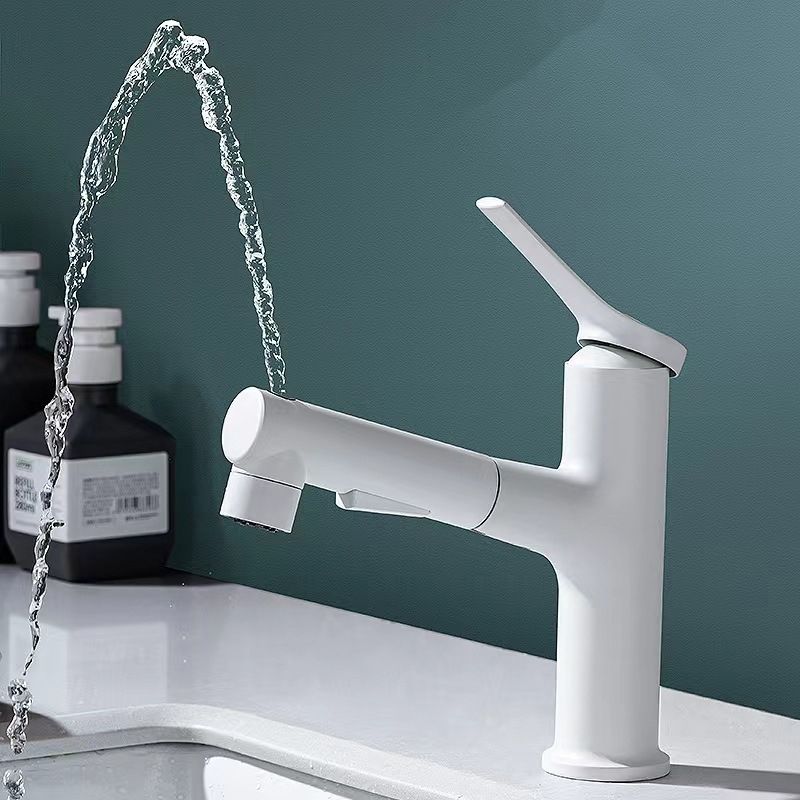 Round contemporary bathroom faucet with lever handle and single hole installation