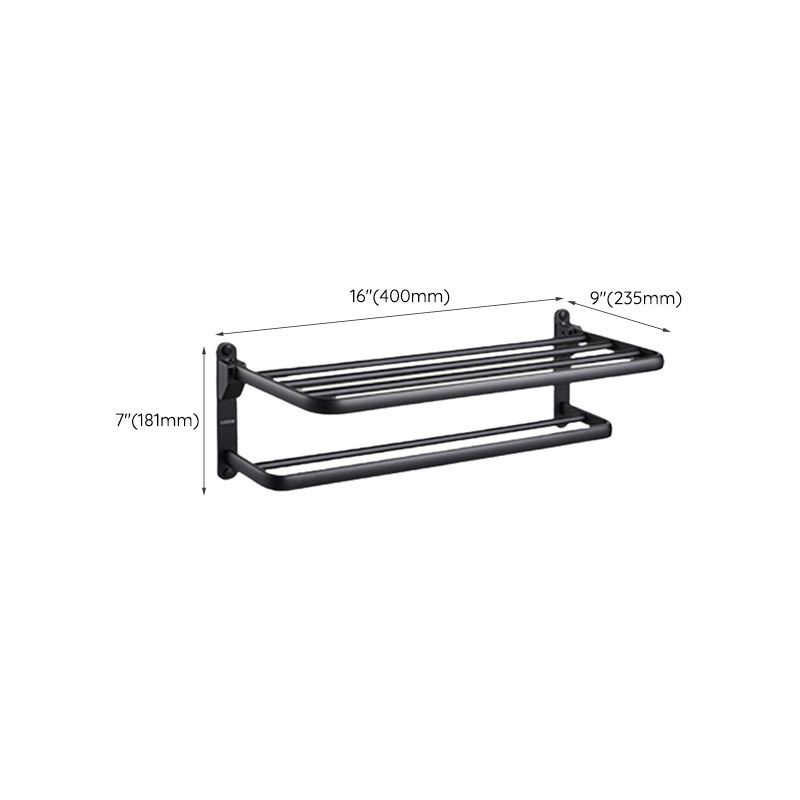 Contemporary bathroom accessory set with black finish and bath shelf/towel bar