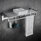 Contemporary bathroom accessory set made of aluminum with towel holder/bath shelf