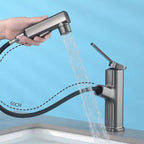 Modern bathroom sink faucet with brass lever handles and swivel spout