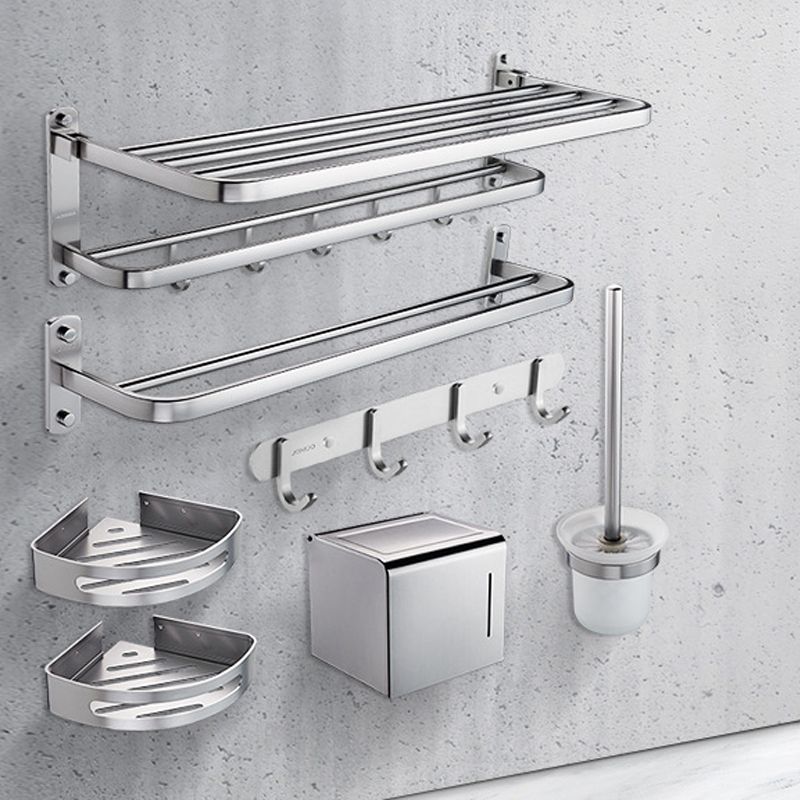 Contemporary bathroom accessory set made of aluminum with towel holder/bath shelf