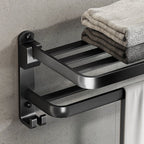 Contemporary bathroom accessory set with black finish and bath shelf/towel bar