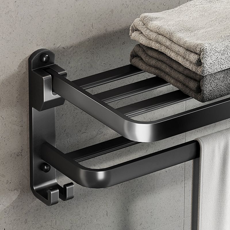 Contemporary bathroom accessory set with black finish and bath shelf/towel bar
