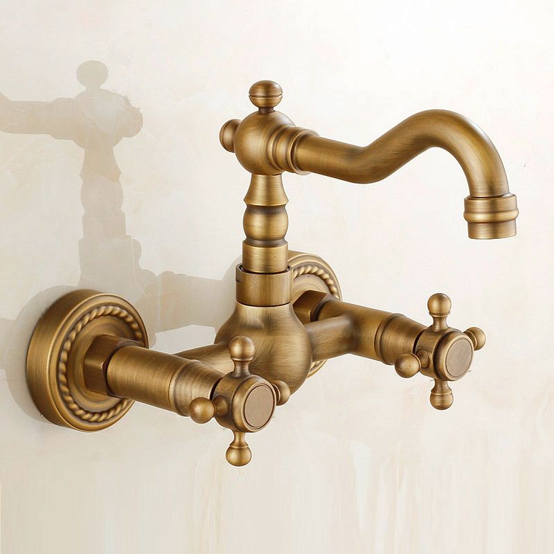 Vintage Bathtub Faucet with Two Cross Handles Made of Pure Copper Wall-Mounted Fixture