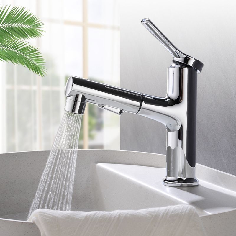 Round contemporary bathroom faucet with lever handle and single hole installation