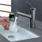 Modern bathroom sink faucet with brass lever handles and swivel spout