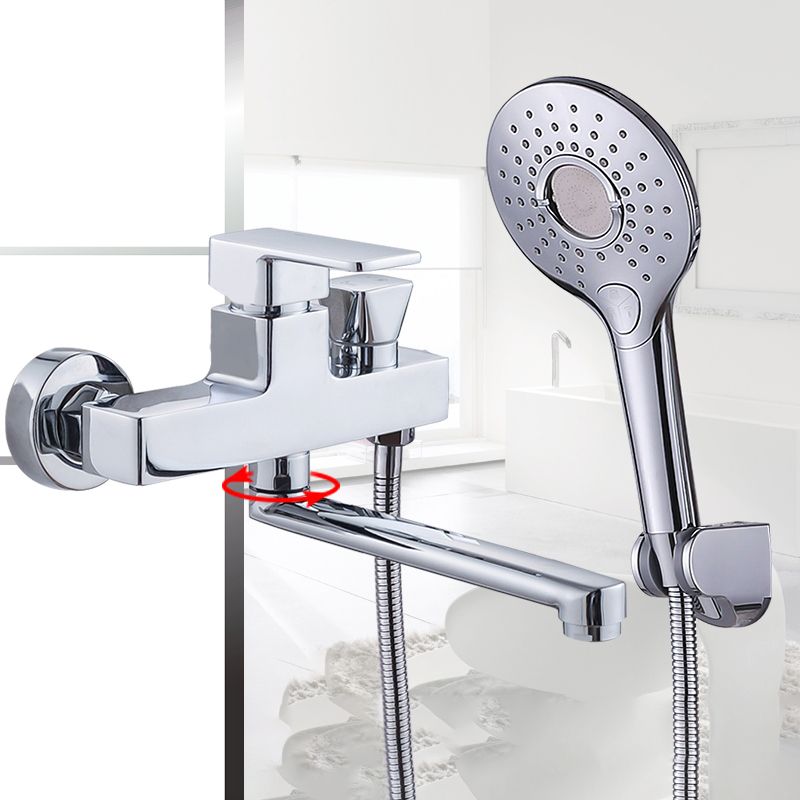 Chrome polished bathroom faucet wall-mounted with swivel spout and hand shower