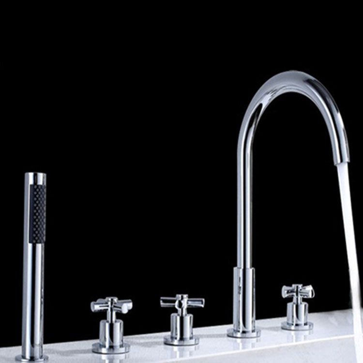 Contemporary Bathroom Faucet Deck Mount Copper Low Arc Swivel Roman Bathtub Faucet Set