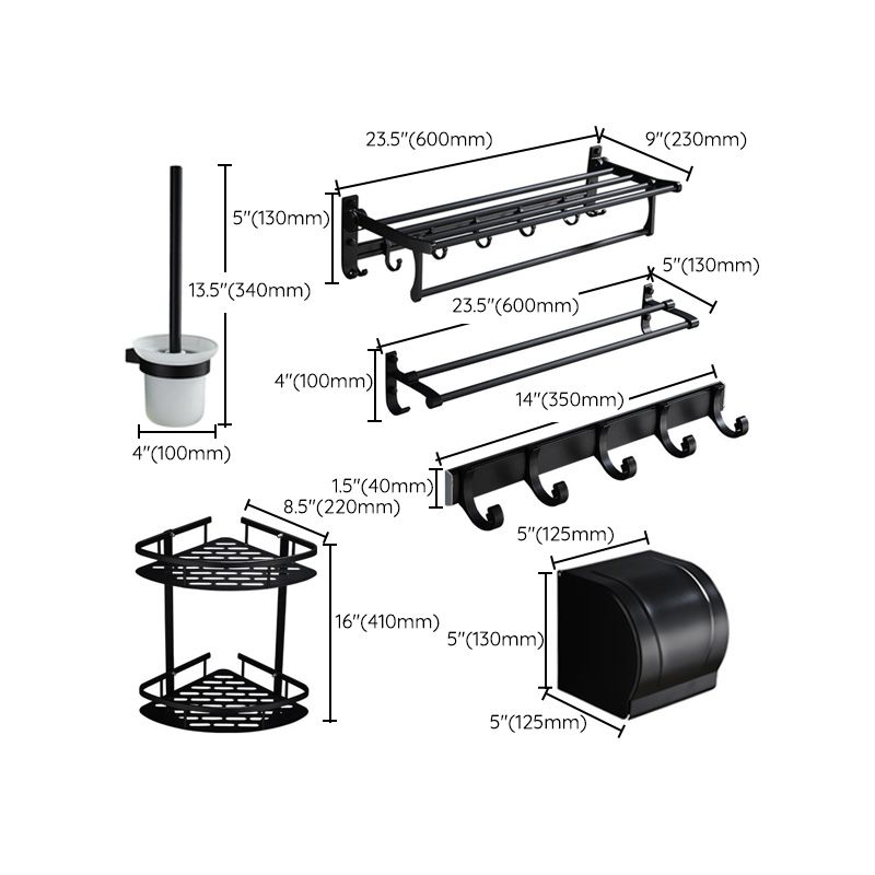 6-piece modern bathroom hardware set in matte black with bathroom shelf/towel holder & bathrobe hooks