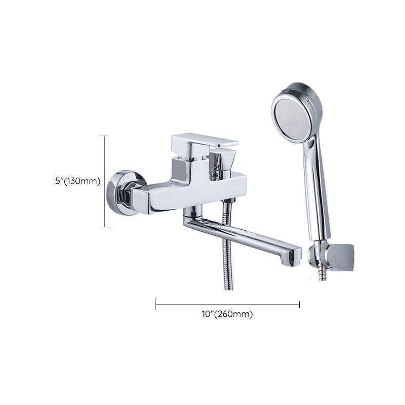Chrome polished bathroom faucet wall-mounted with swivel spout and hand shower