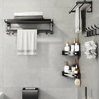 Contemporary bathroom accessory set with black finish and bath shelf/towel bar