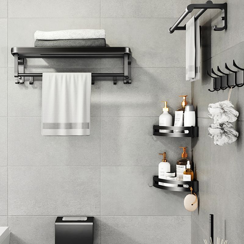 Contemporary bathroom accessory set with black finish and bath shelf/towel bar