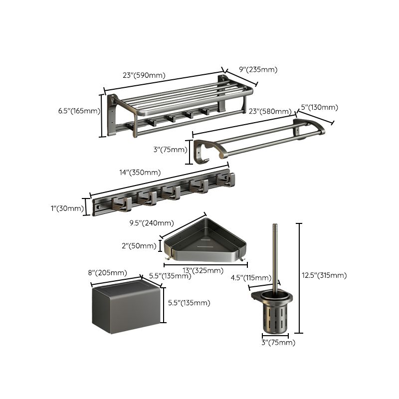 Modernism Aluminum Bathroom Accessories Set Gray Metal Bathroom Set with Towel Holder/Bath Shelf