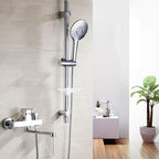 Chrome polished bathroom faucet wall-mounted with swivel spout and hand shower
