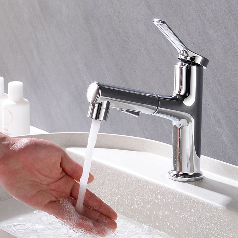 Round contemporary bathroom faucet with lever handle and single hole installation