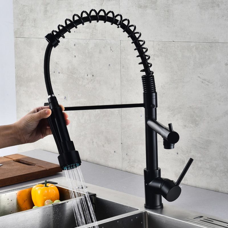 Glam Basin Faucet Brass Lever Handles Spring Neck Three-Function Bathroom Sink Tap