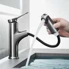 Contemporary Bath Faucet Brass Lever Handle Pull-Out Sink Faucet