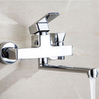 Chrome polished bathroom faucet wall-mounted with swivel spout and hand shower