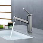 Modern bathroom sink faucet with brass lever handles and swivel spout
