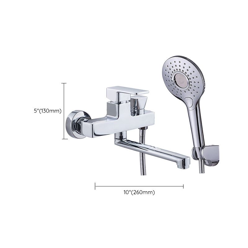 Chrome polished bathroom faucet wall-mounted with swivel spout and hand shower