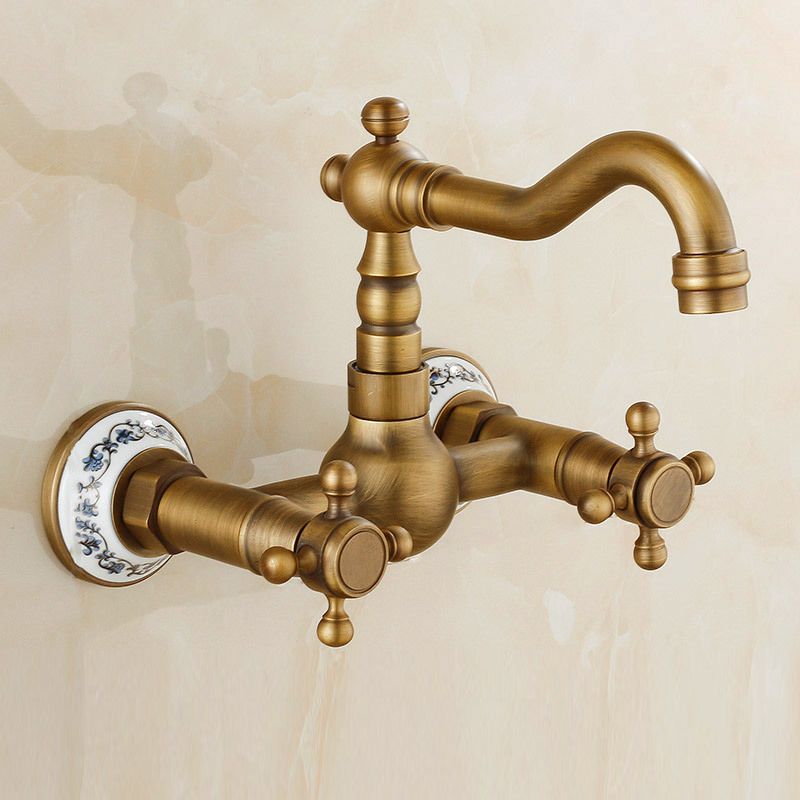 Vintage Bathtub Faucet with Two Cross Handles Made of Pure Copper Wall-Mounted Fixture