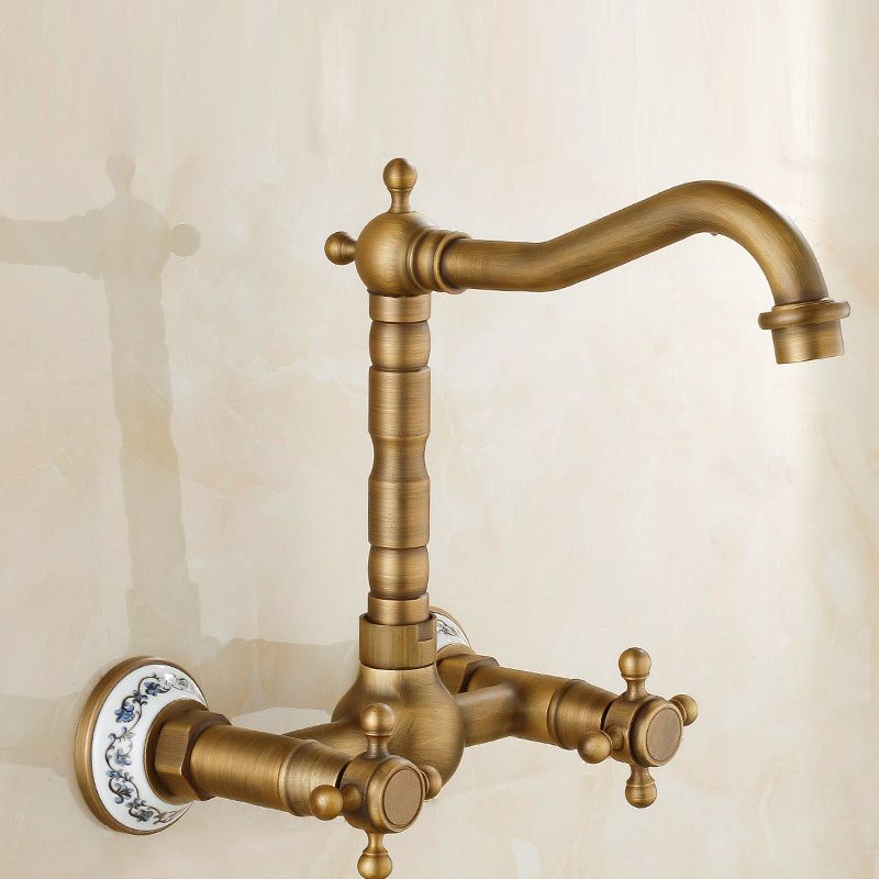 Vintage Bathtub Faucet with Two Cross Handles Made of Pure Copper Wall-Mounted Fixture