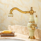 Deck Mounted Copper Tub Faucet Low Arc Roman Tub Faucet Set with Jade