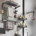 Modern gray bathroom hardware set with bath shelf/towel holder/robe hook/toilet paper holder
