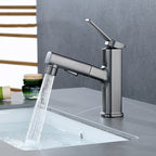 Modern bathroom sink faucet with brass lever handles and swivel spout