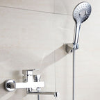 Chrome polished bathroom faucet wall-mounted with swivel spout and hand shower