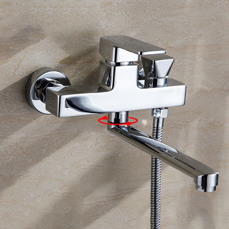 Chrome polished bathroom faucet wall-mounted with swivel spout and hand shower