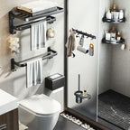 Contemporary bathroom accessory set with black finish and bath shelf/towel bar